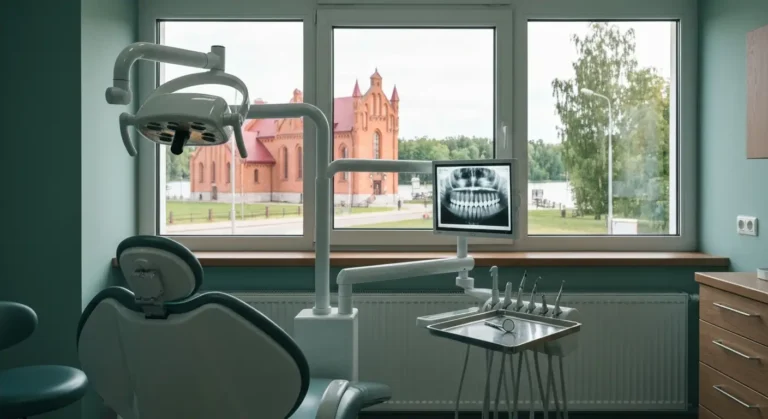 Wnetrze nowoczesnego gabinetu stomatologicznego z fotelem i lampa, za oknem uliczka warminskiego miasteczka